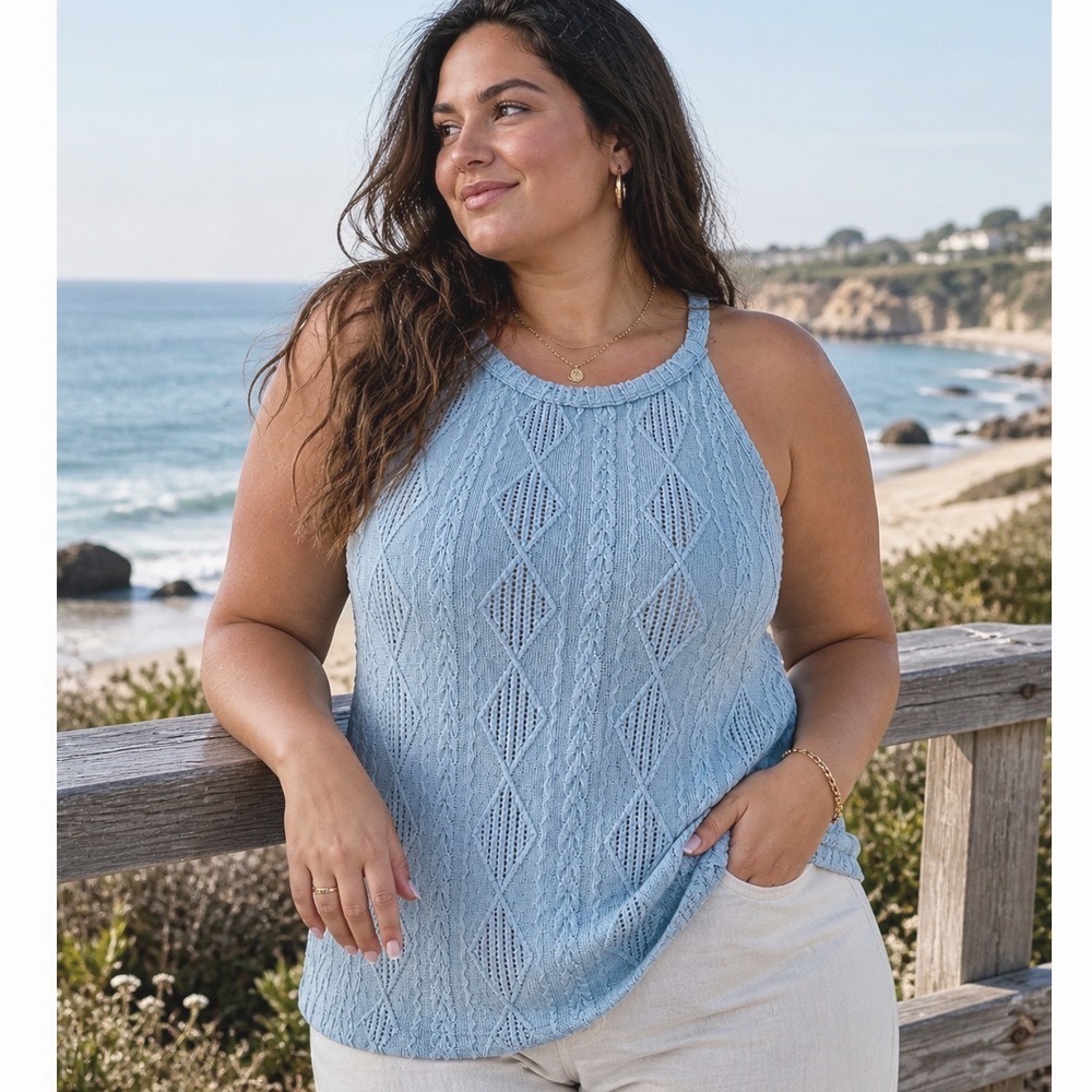 SHEIN Tank Top Halter Neck Cable Knit Blue Size 2XL Boho Sleeveless